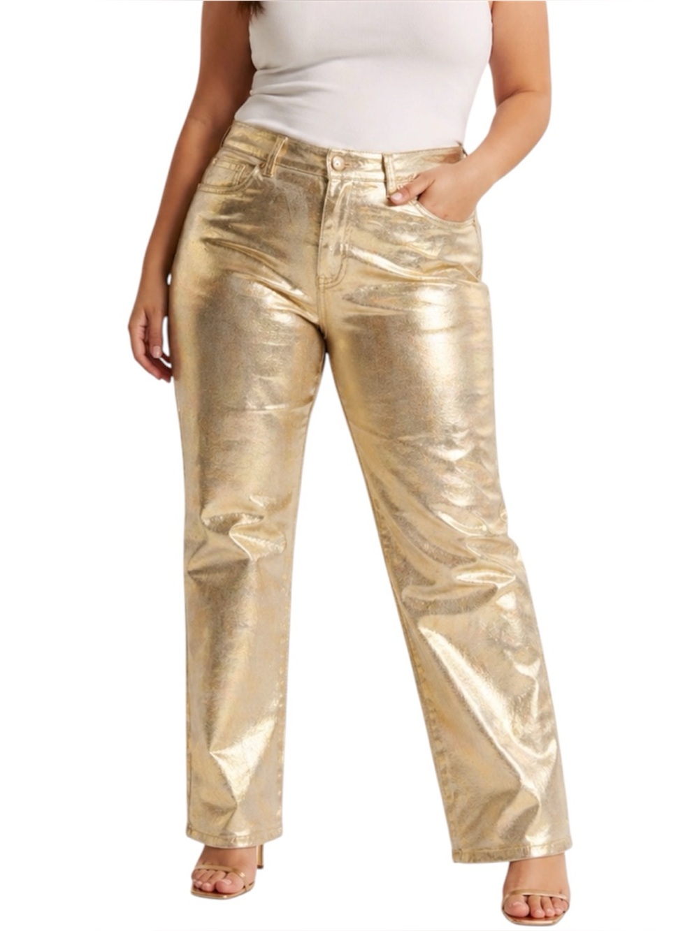 NEW Queen Hearts Paris Gold Metallic Coated Wide Leg Straight Jeans Size XL / 31
